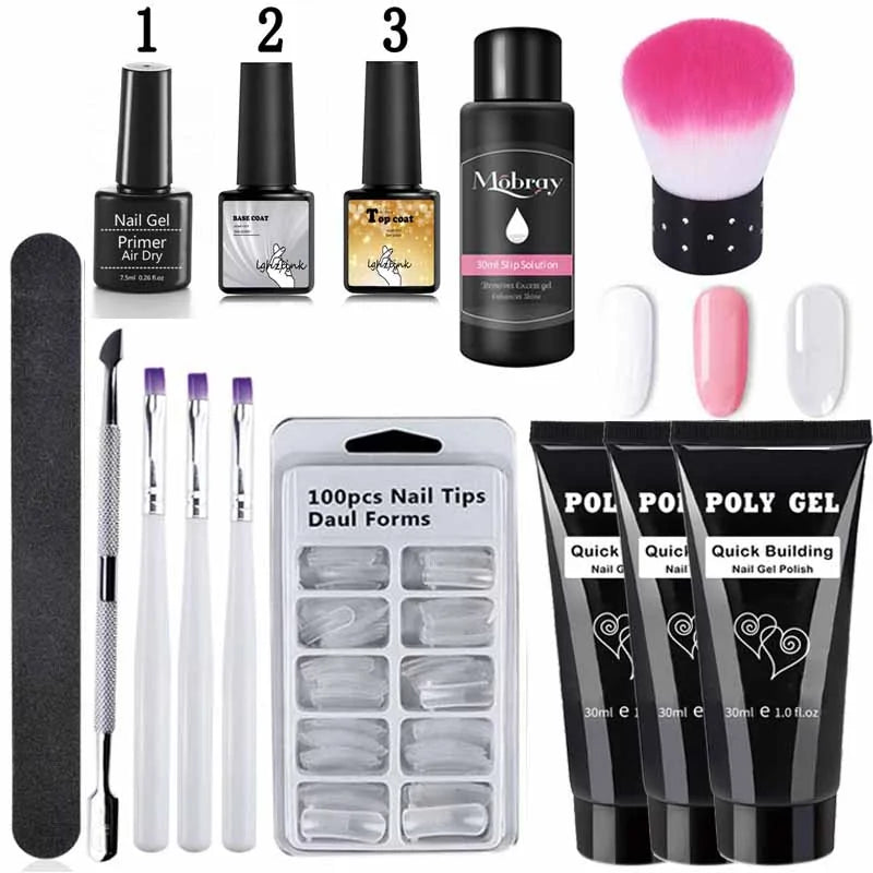 French Nail Art Poly Gel Kit with UV Brush and Nail Tips